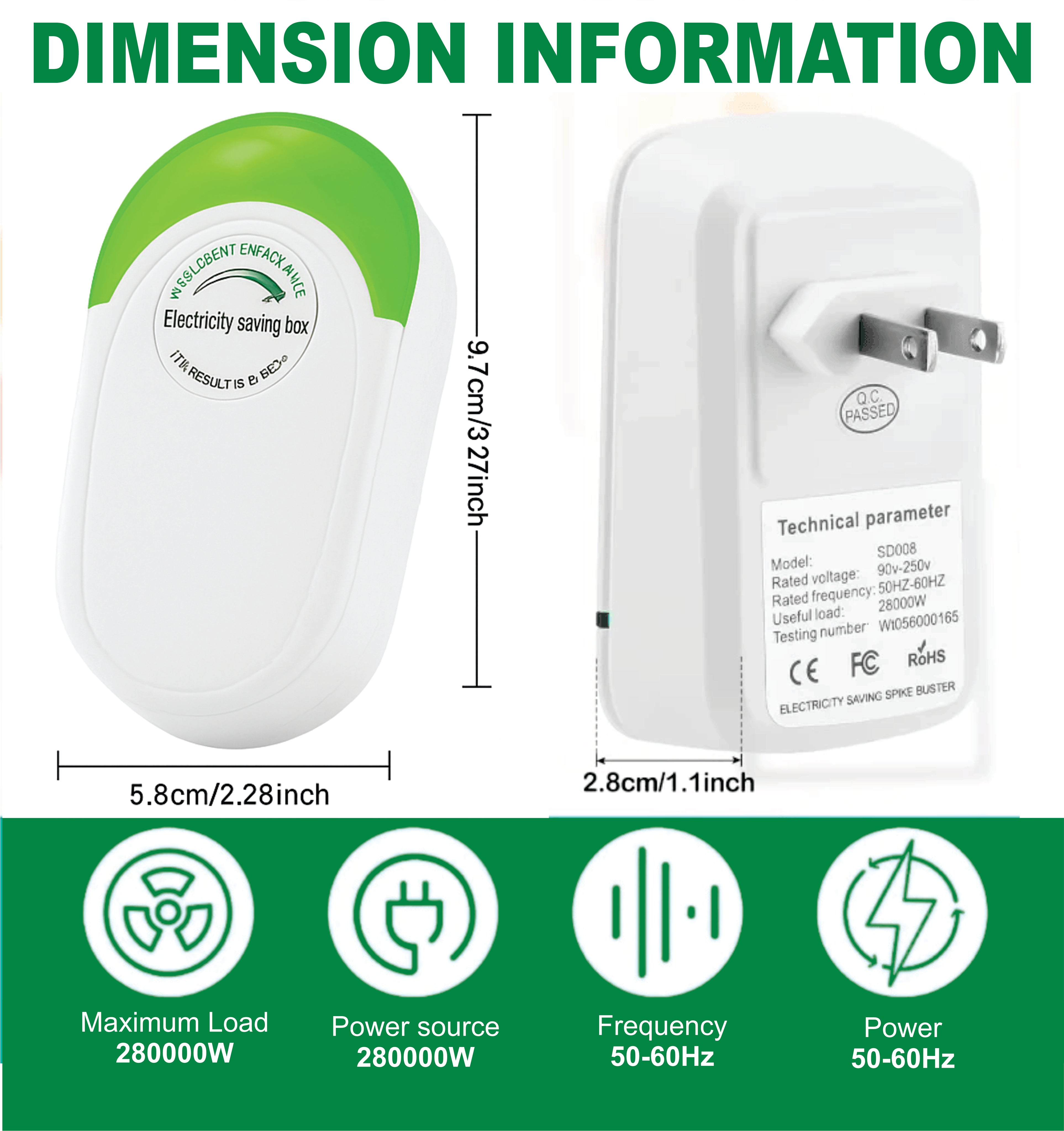 Electricity Saving Box device with dimensions 9.7cm x 5.8cm x 2.8cm, rated for 90V–250V and up to 280,000W load. Energy saver plug for home and office, improves power efficiency and reduces electricity bills. Frequency: 50–60Hz. Compact power-saving device with US plug.