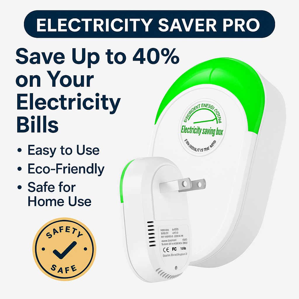 Modern energy saver device plugged into a wall outlet in a home environment, showing sleek design and compact size for reducing electricity bills.