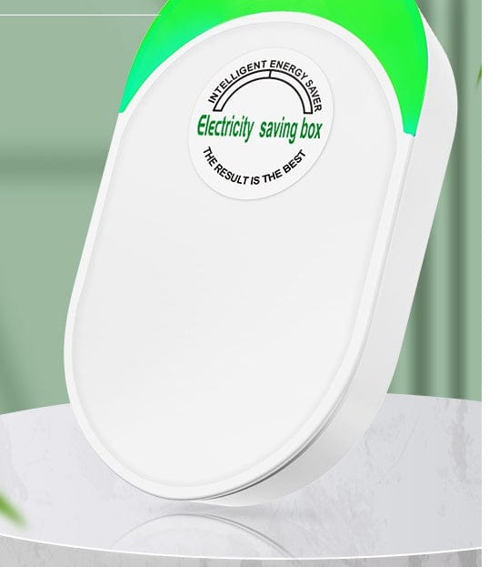 Close-up of Electric Appliance Energy Saver with LED indicator, highlighting voltage stabilization and energy-saving features for household use.
