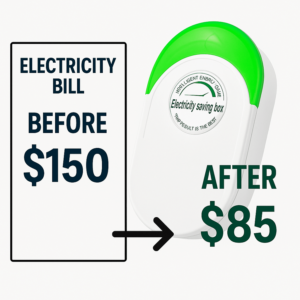 Modern energy saver device plugged into a wall outlet in a home environment, showing sleek design and compact size for reducing electricity bills.